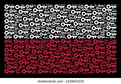 Polish Flag pattern done with key pictograms. Flat vector key symbols are arranged into geometric Poland flag illustration on a black background. Designed for political and patriotic applications.