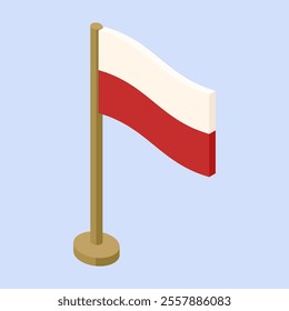 Polish flag with pole - hand drawn isometric vector illustration.