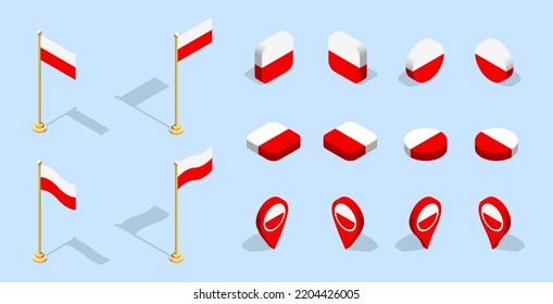 Polish flag (Republic of Poland). 3D isometric flag set icon. Editable vector for banner, poster, presentation, infographic, website, apps, maps, and other uses.