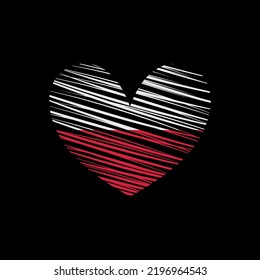 Polish flag in the shape of heart isolated on black background. Flag of Poland. Vector illustration.
