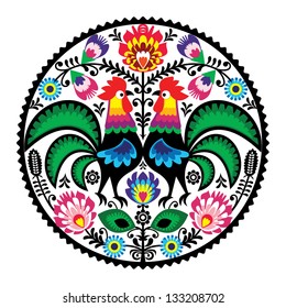 Polish floral embroidery with roosters - traditional folk pattern