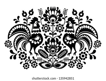 Polish floral embroidery with roosters - traditional folk pattern