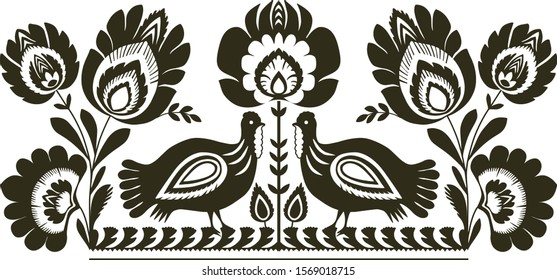 Polish floral embroidery with turkeys  - traditional folk decoration 