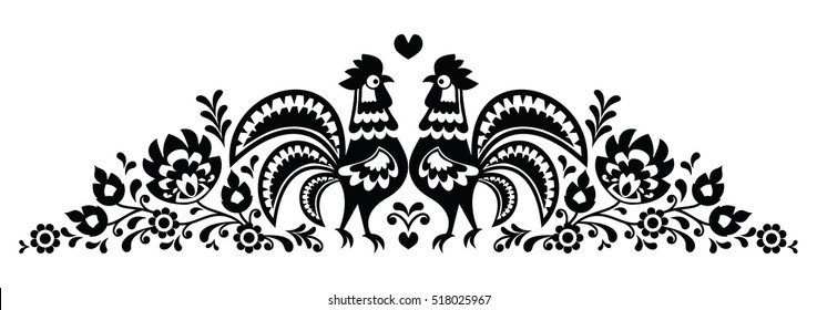 Polish floral folk art long embroidery pattern with roosters - Wzory Lowickie
