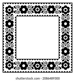 Polish floral folk art rectangle frame vector design in 5x7 format, perfect for greeting card or wedding invitation in black and white. Retro Slavic border or frame with flowers, monochrome pattern 