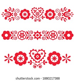 Arte folclórico floral polaco vectorial de largo diseño vertical inspirado en bordado tradicional, patrones de tarjetas de felicitación. Colección de ornamentos románticos con flores, corazones y hojas - Día de San Valentín 