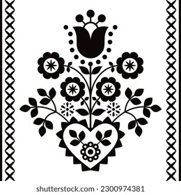 Vector de arte folclórico floral polaco de diseño blanco y negro de Nowy Sacz en Polonia inspirado en el bordado tradicional de los montañeses Lachy Sadeckie. Ornamento retro monocromo con flores, hojas de remolino