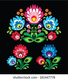 Polish floral folk embroidery pattern on black - wzor lowicki 