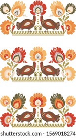 Polish floral long embroidery with turkeys  - traditional folk vector decoration 