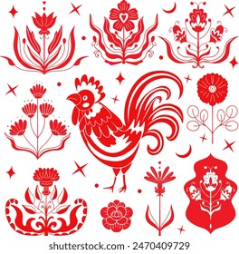 Polish folk art collection embroidery flower. Red floral embroidery ornament with cocks, traditional folk pattern. Vector set 