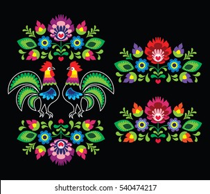 Polish folk art embroidery with roosters - traditional folk pattern