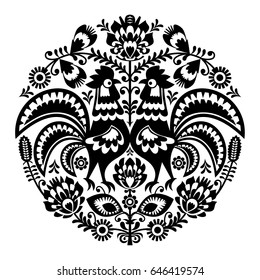 Polish folk art floral round embroidery with roosters, traditional pattern - Wycinanki Lowickie 