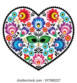 Polish folk art art heart embroidery with flowers - wzory lowickie