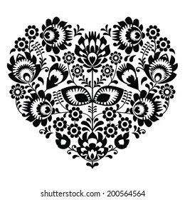 Polish folk art heart pattern in black - wzory lowickie, wycinanka 