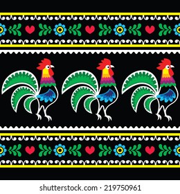 Polish folk art pattern with roosters on black - Wzory lowickie, Wycinanka 