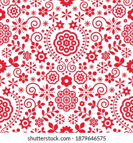 Vector retro de arte folclórico polaco, patrón sin fisuras con flores inspiradas en el bordado de arte folclórico Lachy Sadeckie - diseño de impresión textil o de tela. Ornamento floral de Nowy Sacz, Polonia, decoración de sprint