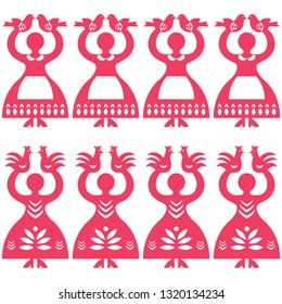 Polish folk art seamless vector pattern Wycinanki Kolbielskie - Kolbiel Papercuts with women holding birds. Vector monochrome folk repetitive design from the region of Kolbiel in Poland with women 