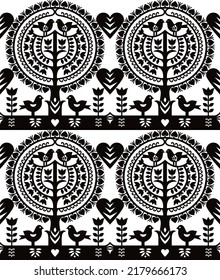 Polish folk art seamless vector pattern Wycinanki Kurpiowskie - Kurpie Papercuts with birds, hearts tree and flowers in black and white. Textile or wallpaper romantic design from Kurpie, Poland
