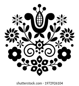 Polish folk art vector black and white design with flowers perfect for greeting card or wedding invitation. Traditional retro Slavic pattern set inspired by floral embroidery Lachy Sadeckie from Nowy 