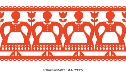 Polish Folk art vector cutout pattern with women, Kurpie Papercuts seamless design - Wycinanka Kurpiowska. Orange and white repetitive background inspired by traditional paper decorations from Poland 