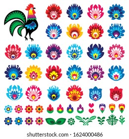 Polish folk art  vector design elements - flower, rooster, leaves. Perfect for textile patterns or greeting cards. Retro floral decorations inspired by traditional art from Poland