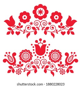 Polish folk art vector design collection with flowers perfect for greeting card or wedding invitation. Traditional Slavic pattern set inspired by floral embroidery Lachy Sadeckie from Poland