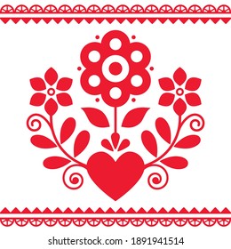 Polish folk art vector design with flowers and heart perfect for Valentine's Day greeting card or wedding invitation. 
 Floral pattern inspired by embroidery Lachy Sadeckie from Nowy Sacz, Poland.