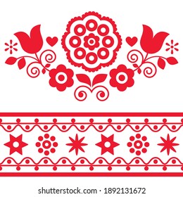 Polish folk art vector design elements collection with flowers and hearts - perfect for greeting card or wedding invitation. Traditional floral patterns inspired by  embroidery from Nowy Sacz, Poland