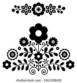 Polish folk art vector design elements in black and white inspired by floral embroidery Lachy Sadeckie from Nowy Sacz in Poland. Traditional Slavic monochrome pattern set with flowers, and leaves 