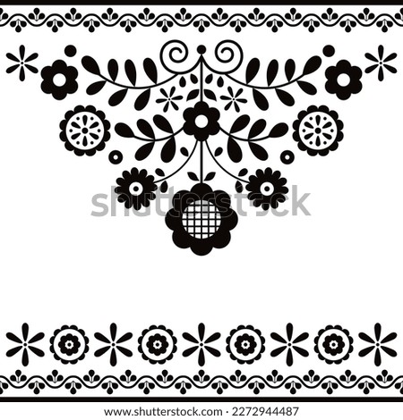 Polish folk art vector design with flowers inspired by traditional highlanders embroidery Lachy Sadeckie - greeting card or wedding invitation in black and white. Retro monochrome floral decoration
