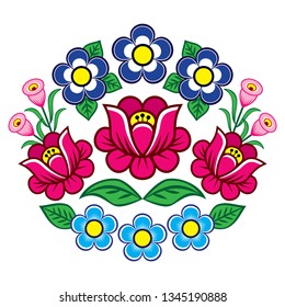 Polish folk art vector floral decoration, Zalipie decorative pattern with roses and leaves - greeting card, wedding invitation. Retro folk design inspired by traditional ornaments from Poland, Zalipie