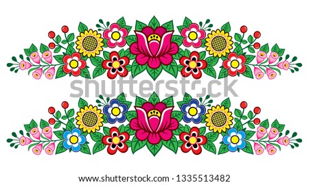 Polish folk art vector floral long decoration, Zalipie decorative pattern with flowers and leaves - greeting card, wedding invitation. Retro folk design inspired by traditional ornaments from Poland, 
