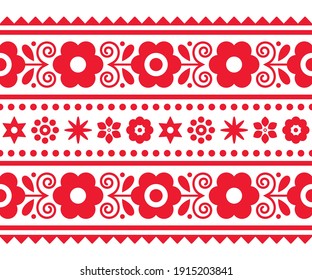 Vector de arte folclórico polaco largo patrón vertical sin costura textil o tarjeta de saludo con motivo floral - Lachy Sadeckie. Diseño de papel pintado rojo y blanco lindo con flores, antigua decoración étnica de Polonia