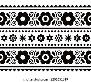 Polish folk art vector long vertical seamless textile or greeting card pattern with floral motif- Lachy Sadeckie in black and white. Monochrome cute wallpaper design with flowers, old ethnic 