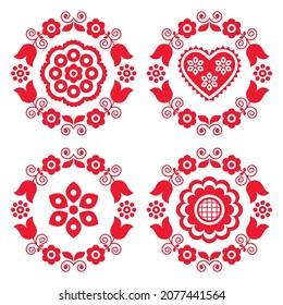 Colección polaca de diseño de vector de arte folclórico mandala con flores y corazones - perfecta para tarjeta de saludo o invitación a la boda. Un adorno florido tradicional redondo inspirado en el bordado Lachy Sadeckie