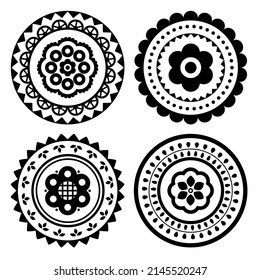 Polish folk art vector mandala design set with flowers, round traditional patterns  - perfect for greeting card or wedding invitation in black and white. 	
Traditional monochrome floral ornaments