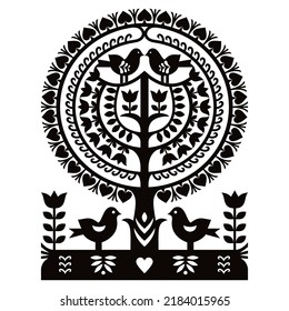 Polish folk art vector pattern Wycinanki Kurpiowskie - Kurpie Papercuts with birds, tree and flowers in black on white background. Vector folk design from the region of Kurpie, Poland.