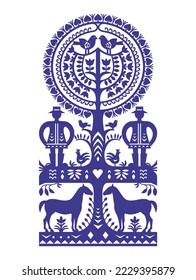 Polish folk art vector pattern Wycinanki Kurpiowskie with two men, birds and horses - Kurpie paper cutouts design with rural scene. Floral blue decorative ornament from the region of Kurpie, Poland