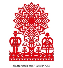 Polish folk art vector pattern with man in hat, woman and birds Kurpiowskie Leluje Wycinanki - Kurpie paper cut outs design in red. Floral ethnic ornament from the region of Kurpie, Poland