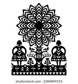 Patrón del vector del arte folclórico polaco con dos mujeres y el pájaro Kurpiowskie Leluje Wycinanki - Diseño de cortes de papel kurpie en blanco y negro

Ornamento étnico floral monocromo de Kurpie, Polonia