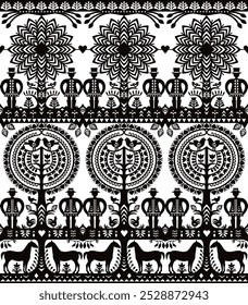 Polish folk art vector pattern with rural scene - two country men in hat, trees and birds Kurpiowskie Leluje Wycinanki - Kurpie paper cut outs design in black and white. Non-Ai generated