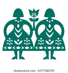 Polish folk art vector pattern with women couple and flower - Kurpiowskie Leluje Wycinanki - Kurpie paper cut outs design in green