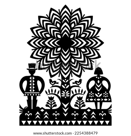 Polish folk art vector pattern with man in hat, woman and birds Kurpiowskie Leluje Wycinanki - Kurpie paper cut outs design in black and white. Floral monochrome ethnic ornament from Poland Stock fotó © 