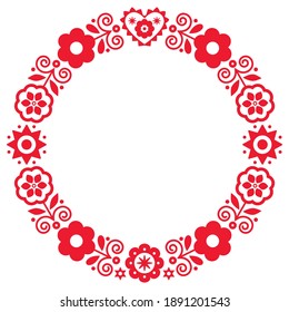 Polish folk art vector round frame design with flowers and heart inspired by traditional highlanders embroidery Lachy Sadeckie. 
Floral bohemian decoration in circle, retro ethnic design from Poland