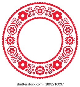 Polish folk art vector round mandala design with flowers and heart inspired by traditional highlanders embroidery Lachy Sadeckie. Gypsy, bohemian decoration in circle, cute retro ethnic design 