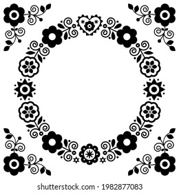 Polish folk art vector round black and white mandala design with flowers and heart inspired by traditional highlanders embroidery Lachy Sadeckie. Gypsy, bohemian decoration in circle, cute retro 
