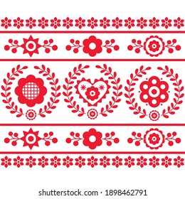 Polish folk art vector seamless vertical embroidery pattern with flowers and wreaths inspired by embroidery designs Lachy Sadeckie - textile or fabric print ornament. Retro red and white ornament