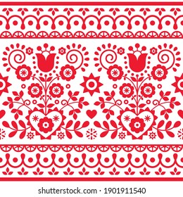 polnische Volkskunst, Vektornahtlose Textil- oder Grußkartenmuster mit roten Tulpen, anderen Blumen, Herzen und Blättern - Lachy Sadeckie
	
Frühlingswiederholtes Design, alte ethnische Dekoration aus Polen