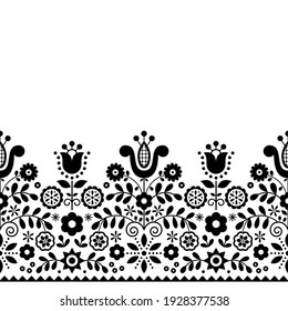Polish folk art vector seamless monochrome textile pattern or greeting card with flowers inspired by traditional highlanders embroidery Lachy Sadeckie. Repetitive black and white floral wallpape