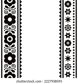 Polish folk art vector seamless textile, fabric print or greeting card pattern with floral motif- Lachy Sadeckie in black and white. Monochrome cute wallpaper design with flowers, old ethnic decor